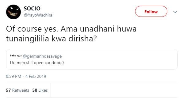 Socio yayowachira follow of course yes. ama unadhani huwa tunaingililia kwa diri