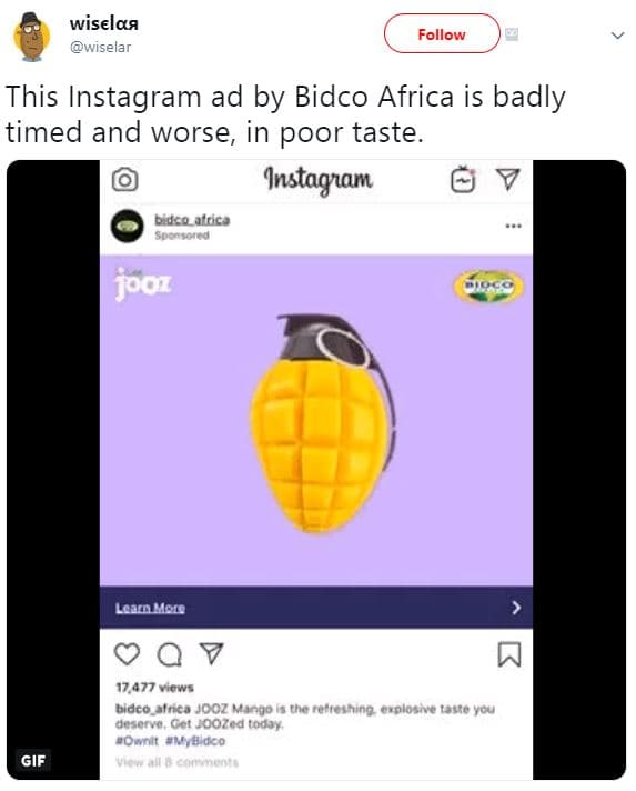 Wiselaa wiselar follow this instagram ad by bidco africa is badly timed and wors