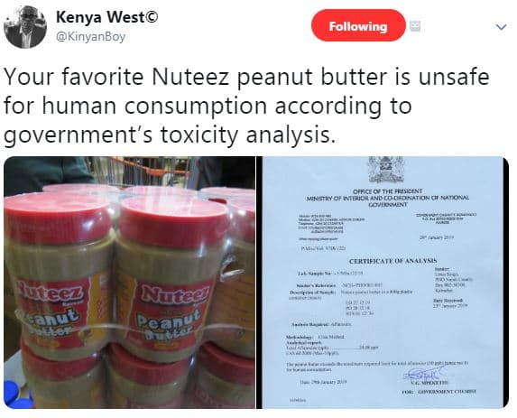 Kenya west kinyanboy following your favorite nuteez peanut butter is unsafe for