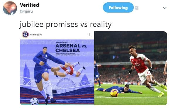 Verified njlru following jubilee promises vs reality cholseatc arsenal vs. chels
