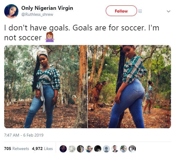 Only nigerian virgin ruthless_shrew follow don't have goals. goals are for socce