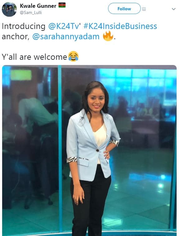 Kwale gunner sam_lulli follow introducing k24tv' k2ainsidebusiness anchor, sarah