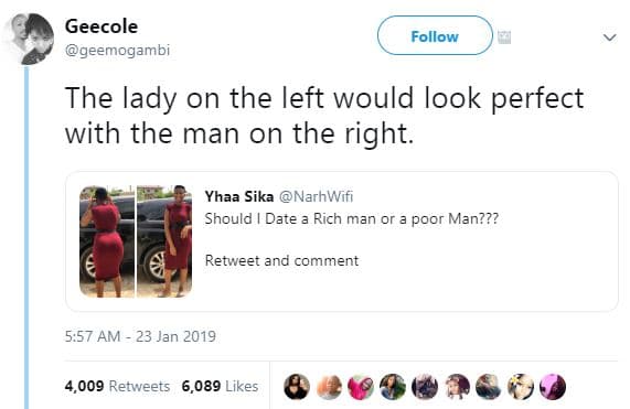 Geecole geemogambi follow the lady on the left would look perfect with the man o