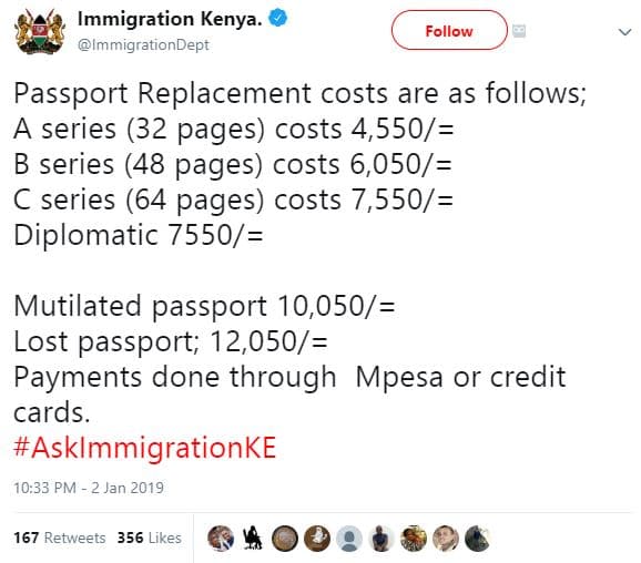 Immigration kenya. immigrationdept follow passport replacement costs are as foll