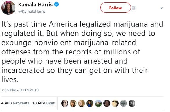 Kamala harris kamalaharris follow it's past time america legalized marijuana and