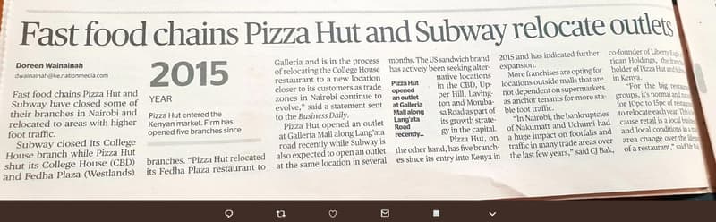 Fast food chains pizza hut and subway relocate outlets and has indicated further