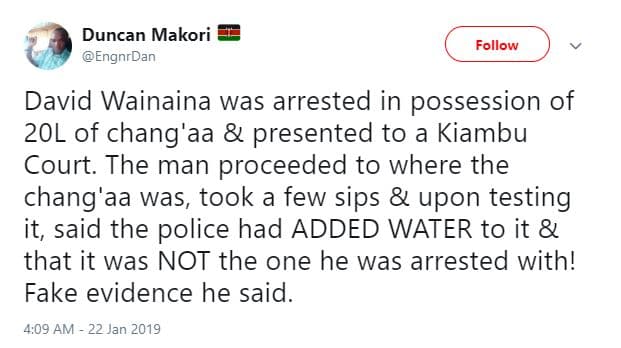 Duncan makori engnrdan follow david wainaina was arrested in possession of 20l o