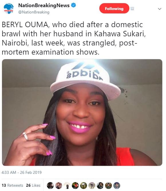Nationbreakingnews nationbreaking following beryl ouma, who died after a domesti