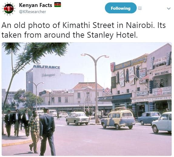 Kenyan facts kresearcher following an old photo of kimathi street in nairobi. it