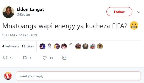 Eldon langat kevlan _ follow mnatoanga wapi energy ya kucheza fifa? 9.33 am 22 f