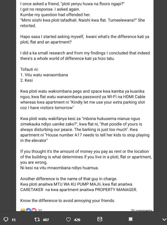 Once asked friend, ploti yenyu huwa na floors ngapi?' got no response asked agai