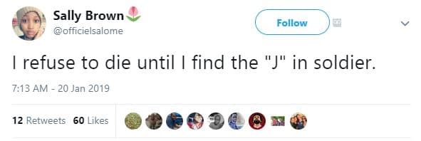 Sally brown officielsalome follow refuse to die until find the 'j in soldier . 7