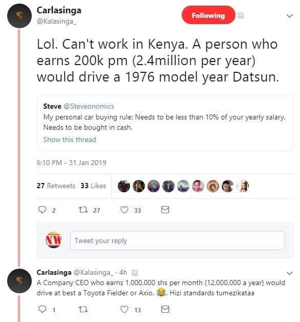 Carlasinga kalasinga following lol. can't work in kenya. a person who earns 2ook