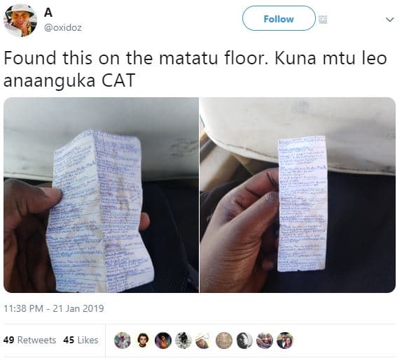 Follow oxidoz found this on the matatu floor. kuna mtu leo anaanguka cat 11.38 p