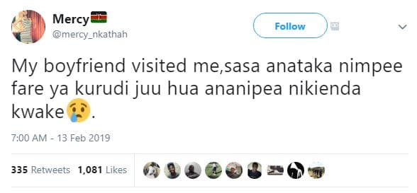 Mercy mercy_nkathah follow my boyfriend visited me,sasa anataka nimpee fare ya k