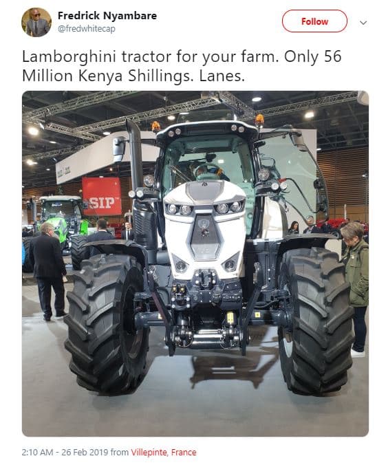 Fredrick nyambare fredwhitecap follow lamborghini tractor for your farm. only 56