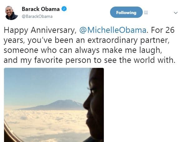 Barack obama barackobama following happy anniversary, michelleobama. for 26 year
