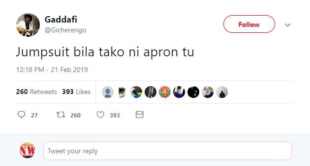 Gaddafi gicherengo follow jumpsuit bila tako ni apron tu 12.18 pm 21 feb 260 ret