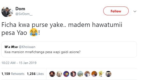 Dom sirdom follow ficha kwa purse yake.. madem hawatumii pesa yao wa mso khoisaa