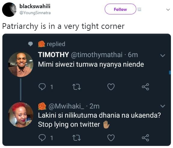 Blackswahili youngsinnatra follow patriarchy is in a very tight corner 'replied