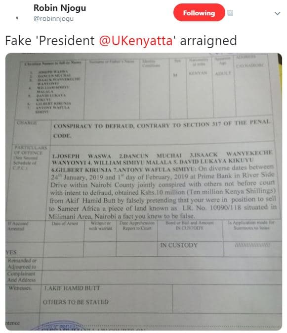 Robin njogu robinnjogu following fake 'president ukenyatta' arraigned fneiikns t