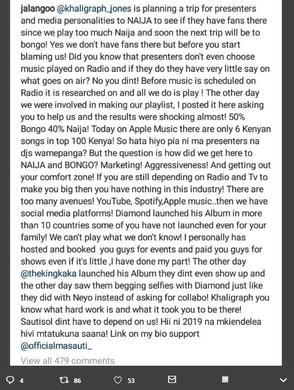 Jalangoo khaligraph_jones is planning a trip for presenters and media personalit