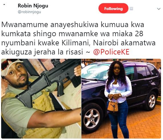 Robin njogu robinnjogu following mwanamume anayeshukiwa kumuua kwa kumkata shing