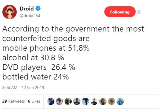 Droid droid254 following according to the government the most counterfeited good
