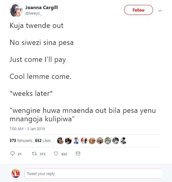 Joanna cargill leeeyo follow kuja twende out no siwezi sina pesa just come i'l p