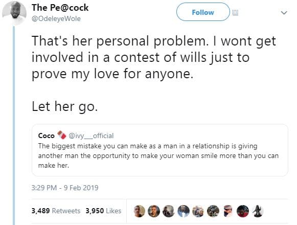The pecock odeleyewole follow that's her personal problem wont get involved in a