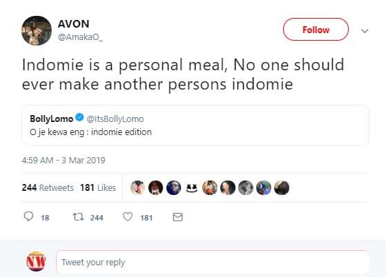 Avon amakao follow indomie is a personal meal, no one should ever make another p