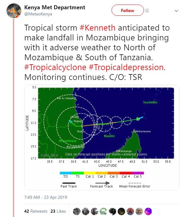 Kenya met department meteokenya follow tropical storm kenneth anticipated to mak