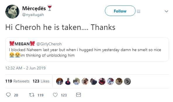 Mèrcędës nyaitugah follow hi cheroh he is taken. thanks megan girlycheroh blocke