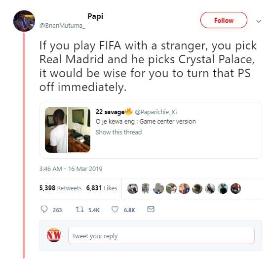 Papi brianmutuma follow if you play fifa with stranger, you pick real madrid and