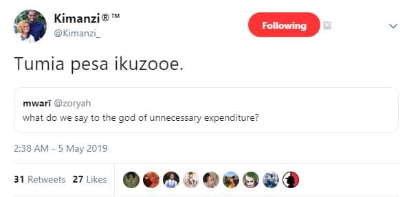 Kimanzi kimanzi _ following tumia pesa ikuzooe mwari zoryah what do we say to th