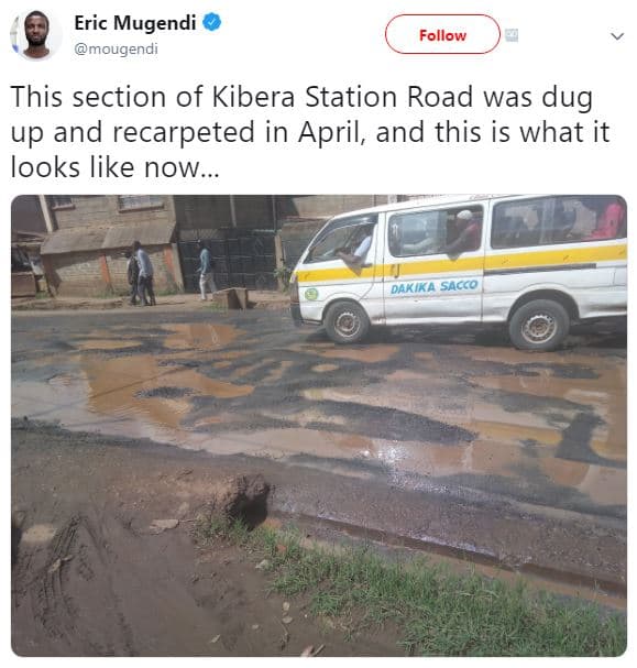 Eric mugendi mougendi follow this section of kibera station road was dug up and