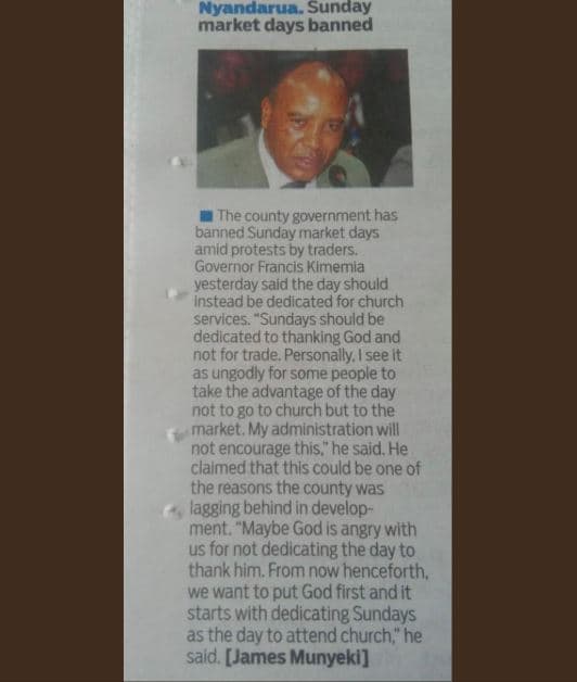 Nyandarua sunday market days banned the county government has banned sunday mnar