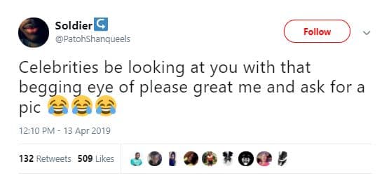 Soldierq patohshanqueels follow celebrities be looking at you with that begging