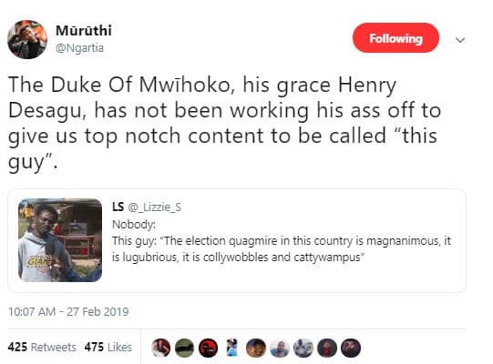 Muruthi ngartia following the duke of mwihoko his grace henry desagu has not bee