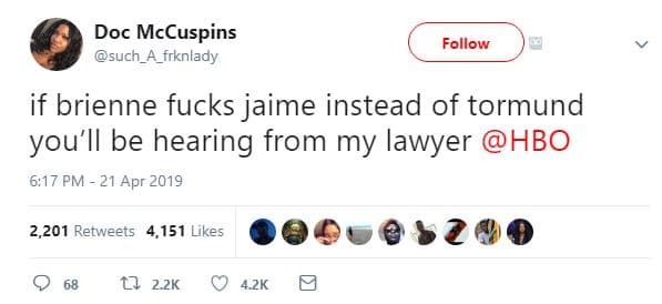 Doc mccuspins such_a_frknlady follow if brienne fucks jaime instead of tormund y