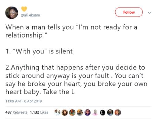 Follow ali_ekuam when a man tells you 'm not ready for a relationship 1. with yo