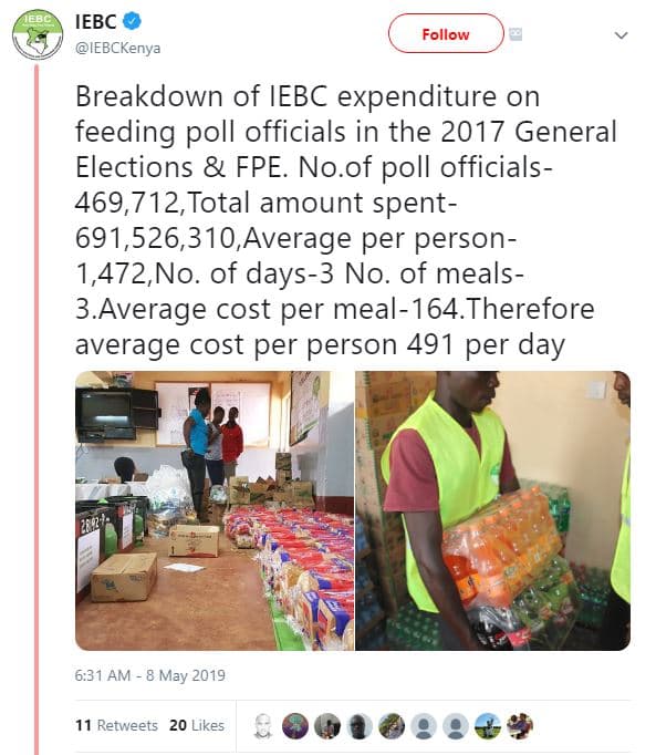 Iebc iebckenya follow breakdown of iebc expenditure on feeding poll officials in