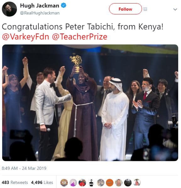 Hugh jackman realhughjackman follow congratulations peter tabichi from kenya! va
