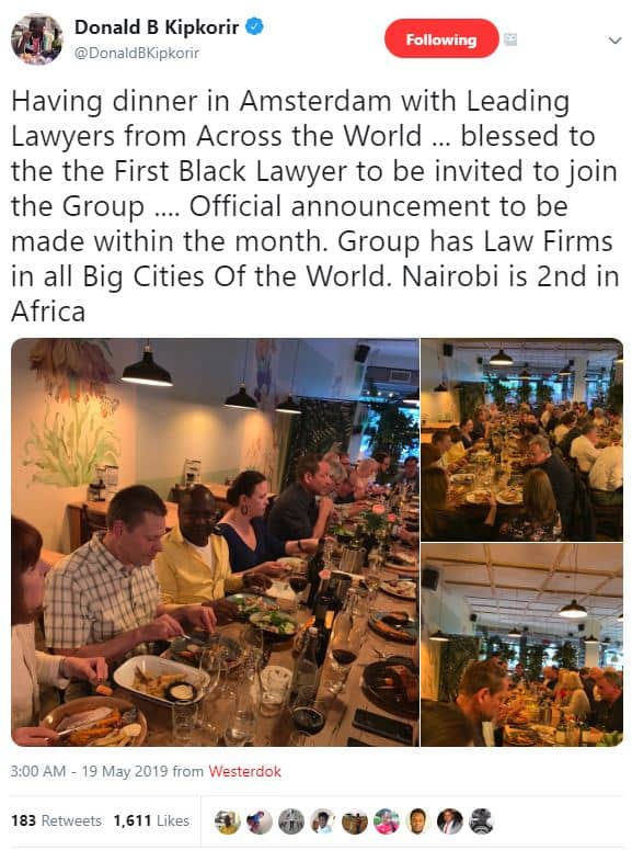 Donald b kipkorir donaldbkipkorir following having dinner in amsterdam with lead