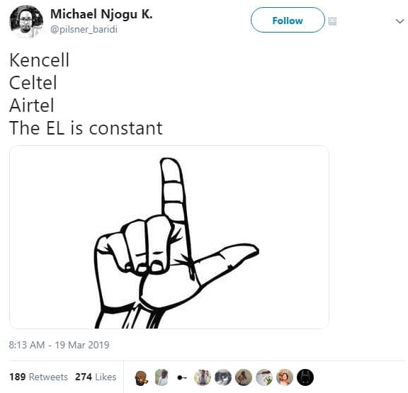 Michael njogu k. pilsner_baridi follow kencell celtel airtel the el is constant