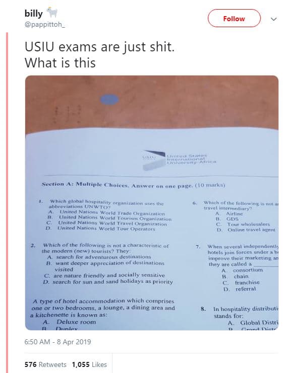 Billy pappittoh _ follow usiu exams are just shit. what is this uon moltple honc