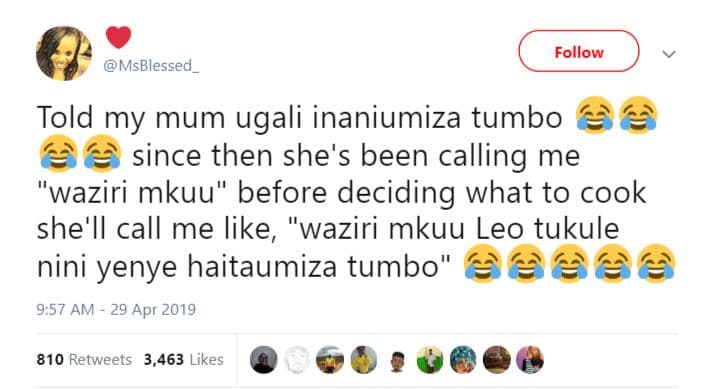 Follow msblessed told my mum ugali inaniumiza tumbo since then she's been callin