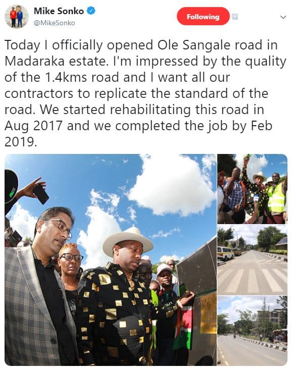 Mike sonko mikesonko following today officially opened ole sangale road in madar