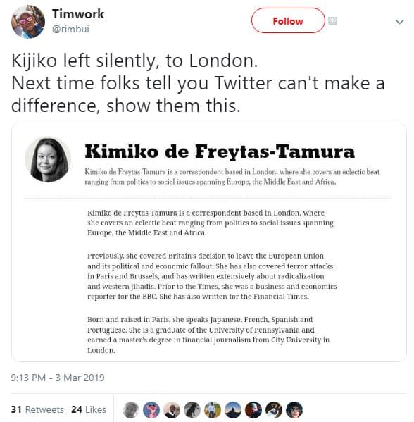 Timwork rimbui follow kijiko left silently, to london. next time folks tell you