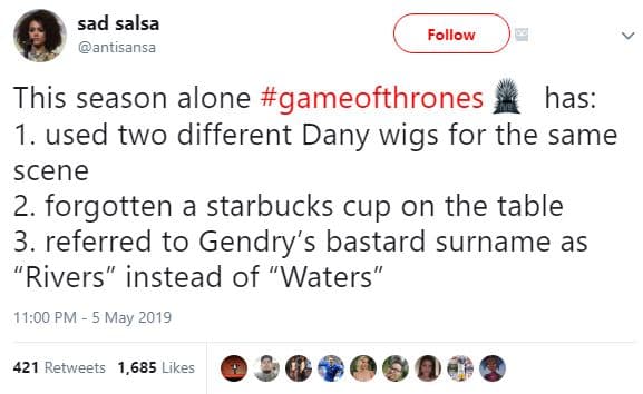 Sad salsa antisansa follow this season alone gameofthrones has 1. used two diffe